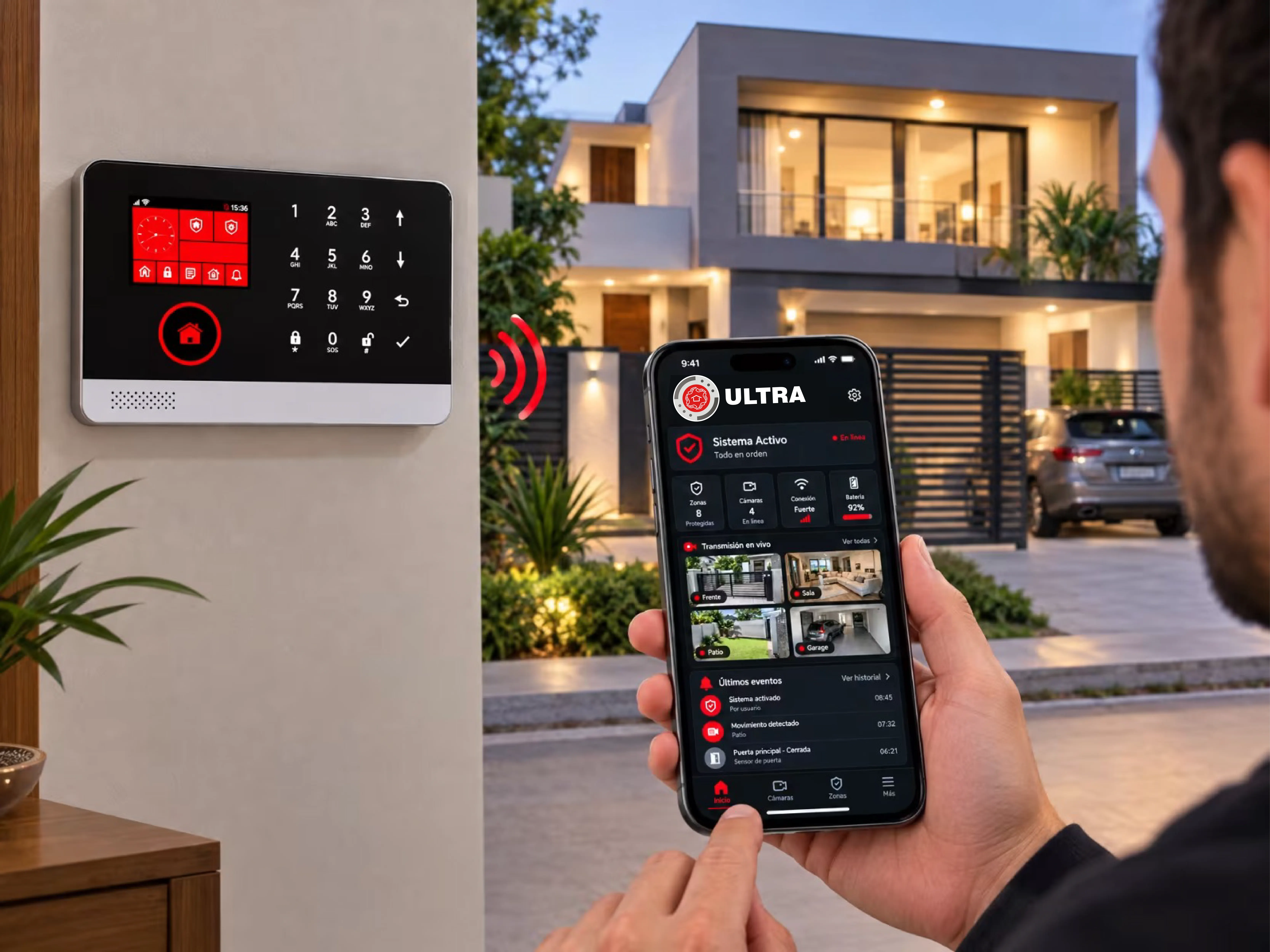 Panel de alarma, App de monitoreo y fachada de una casa